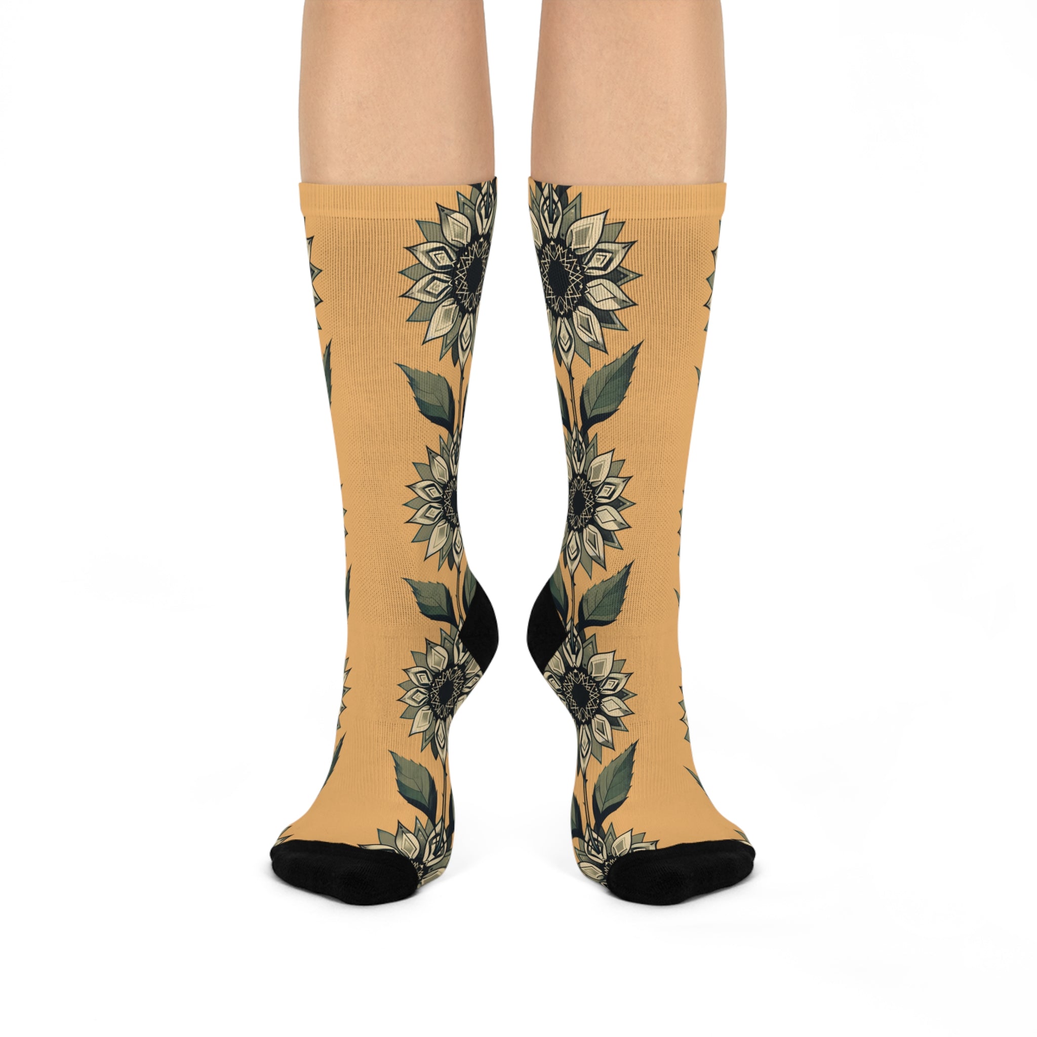 Vintage Sunflower Vine Cushioned Crew Socks | Floral Botanical Pattern