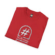 Red folded t-shirt with white hashtag, 'truth verse' and '#catchphrasepoet' graphic print