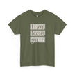 Olive green t-shirt with 'live, lose, gain' affirmation text in beige 3D lettering.