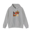 Gray hoodie with colorful 'hombre' text and cowboy hat graphic on the front