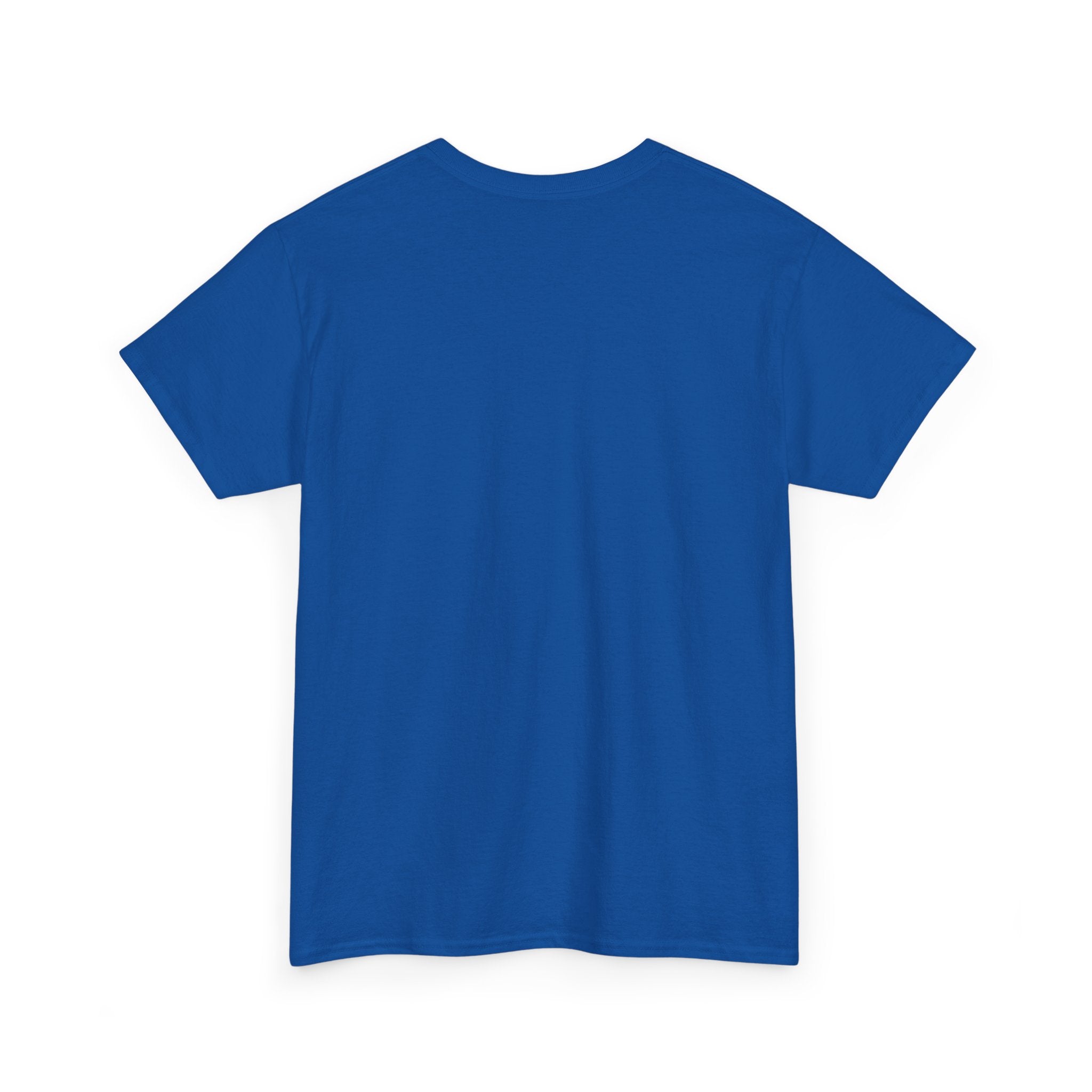 Plain blue short sleeve t-shirt, back view, basic crew neck cotton tee