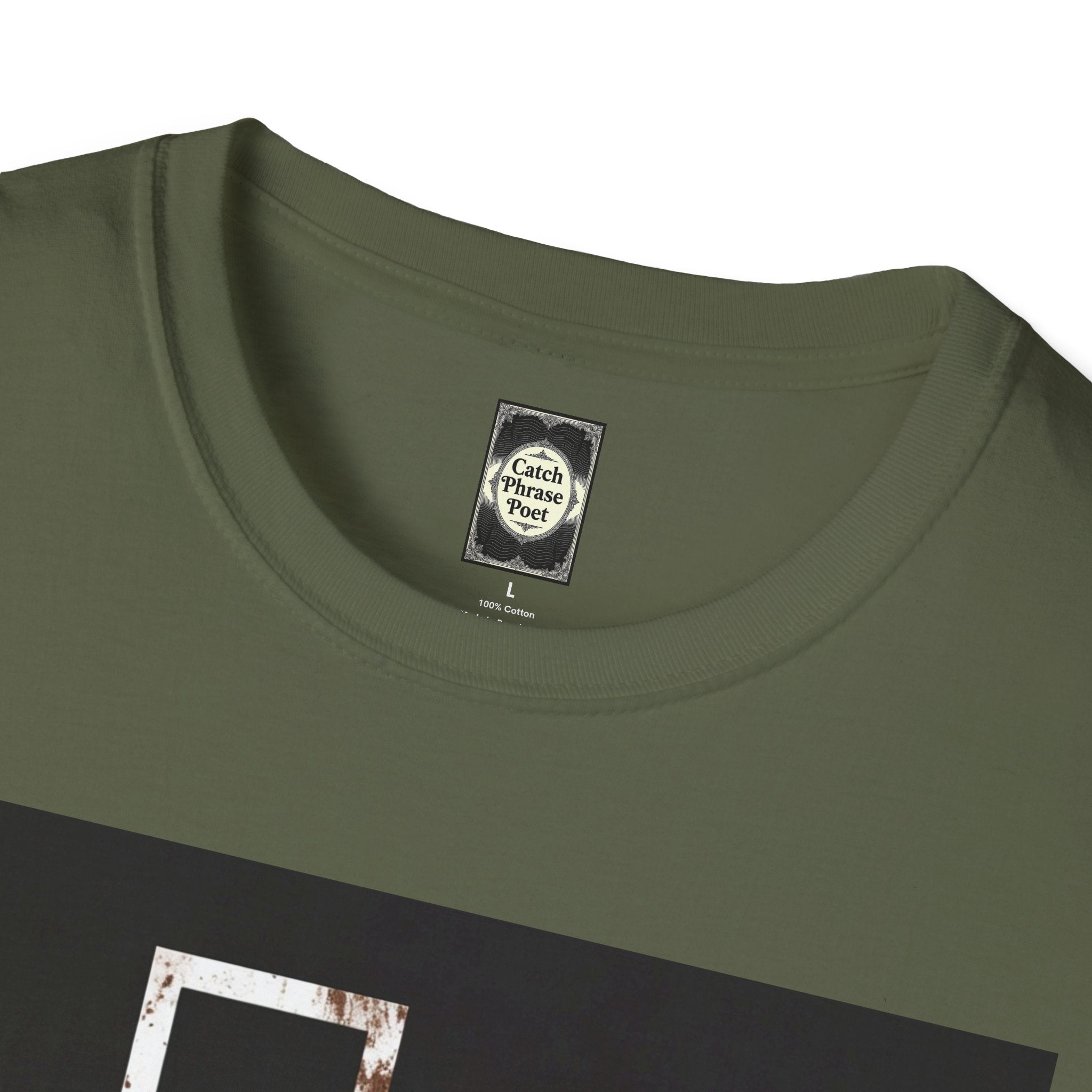 Olive green t-shirt close-up with Catch Phrase Poet label and graphic print detail
