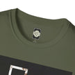 Olive green t-shirt close-up with Catch Phrase Poet label and graphic print detail