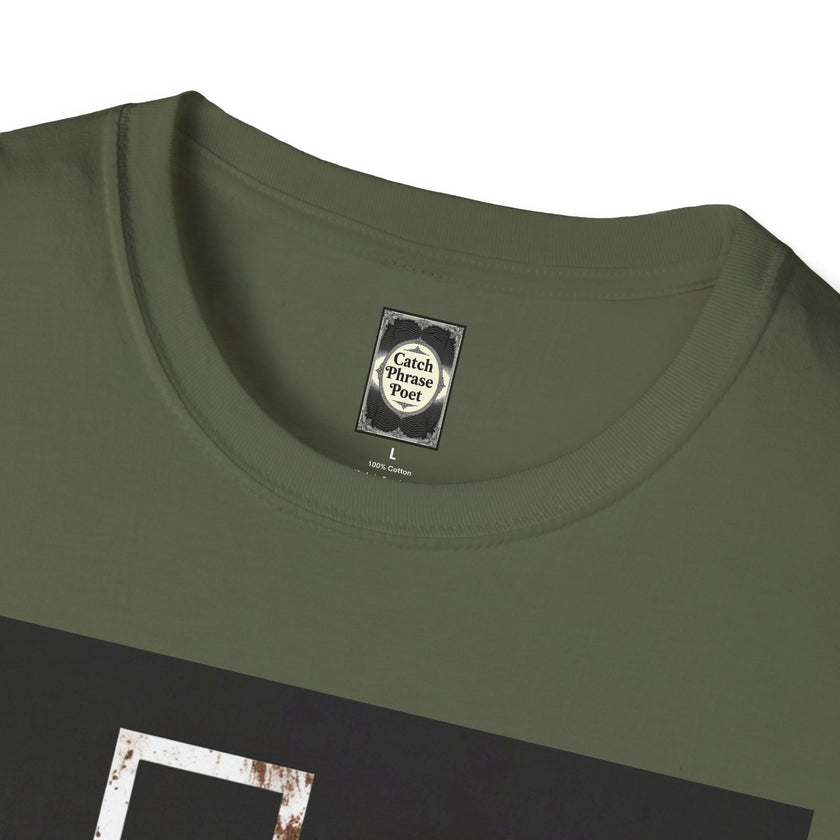 Olive green t-shirt close-up with Catch Phrase Poet label and graphic print detail