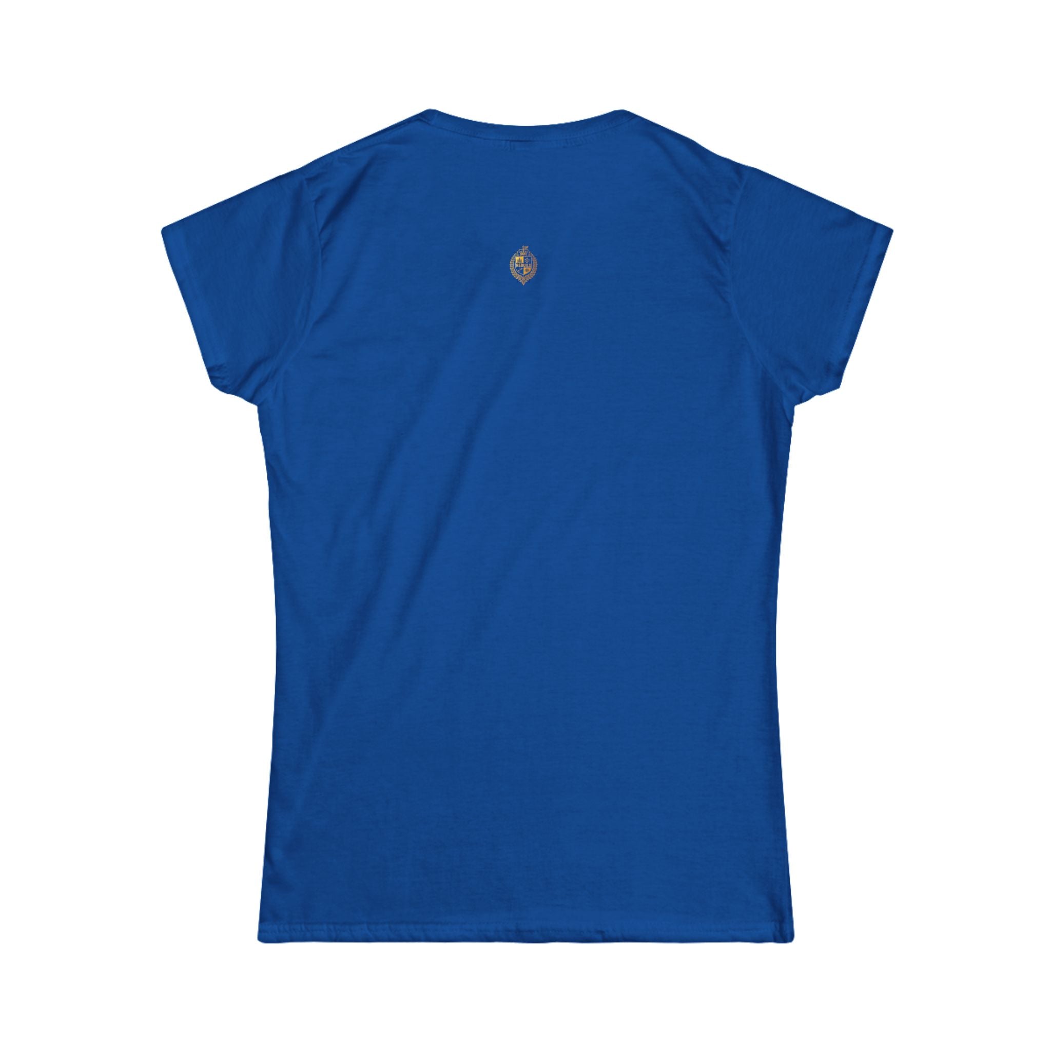 Blue women's crew neck t-shirt with small emblem on upper back, minimalist style