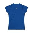 Blue women's crew neck t-shirt with small emblem on upper back, minimalist style