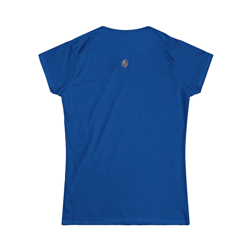 Blue women's crew neck t-shirt with small emblem on upper back, minimalist style