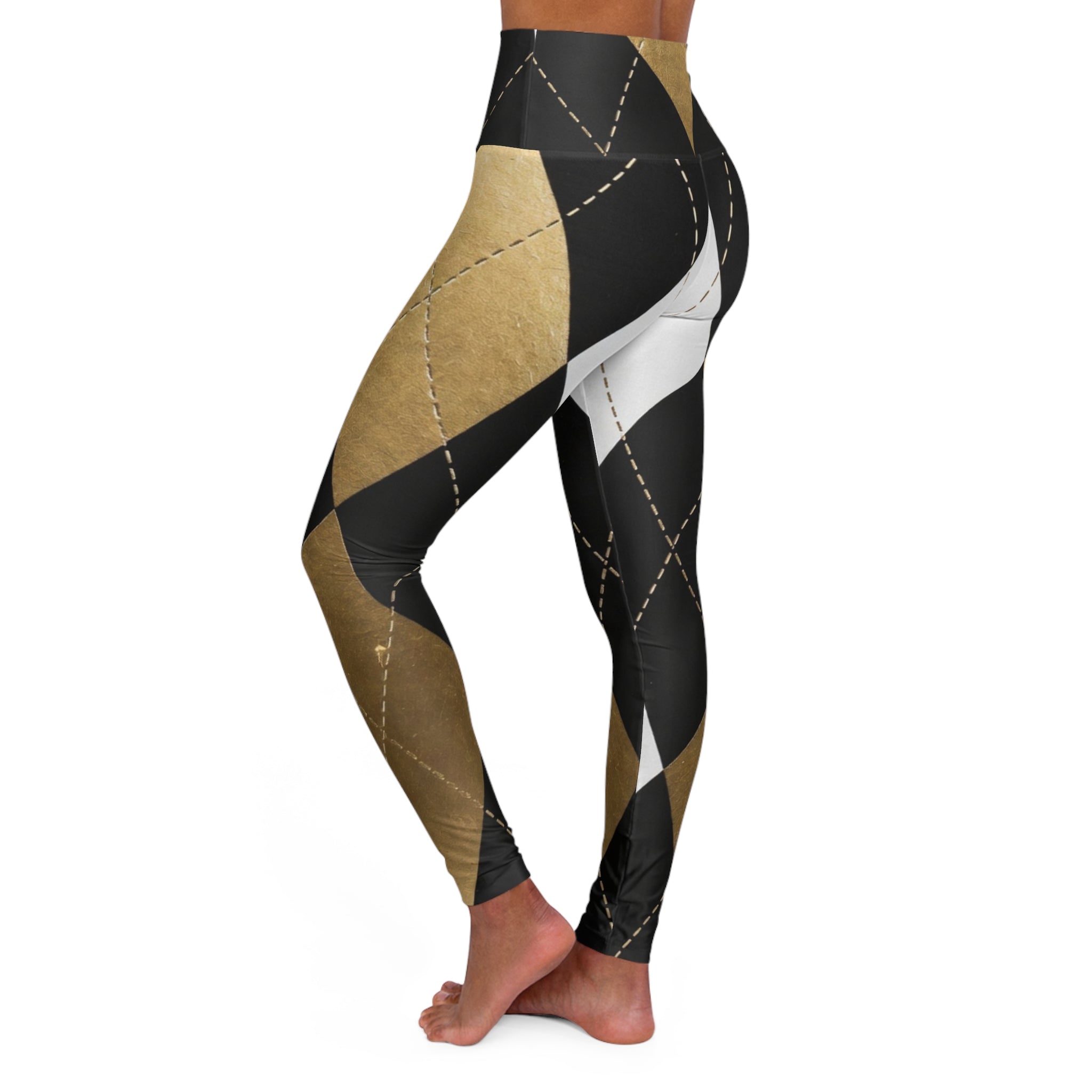 Woman wearing high-waisted leggings with black, gold, and white geometric pattern