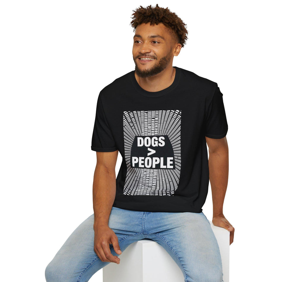Man wearing black graphic tee with 'Dogs > People' text and geometric white pattern.