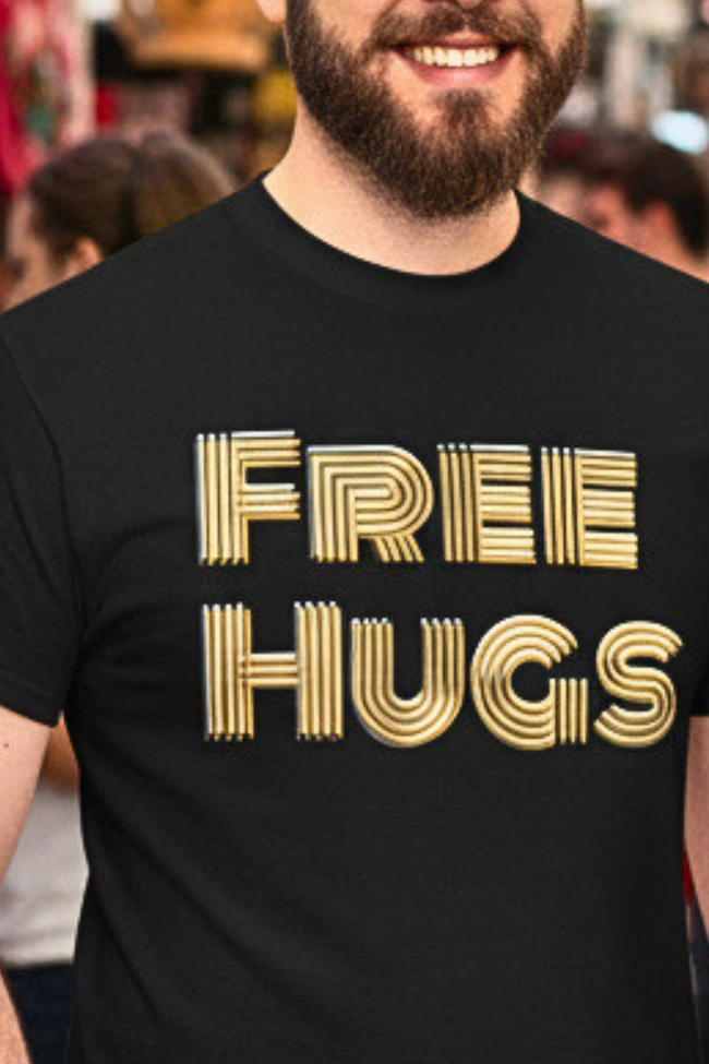 Free Hugs Tee | Retro Gold Stripe Text, Casual Comfort Shirt Smile Everyone