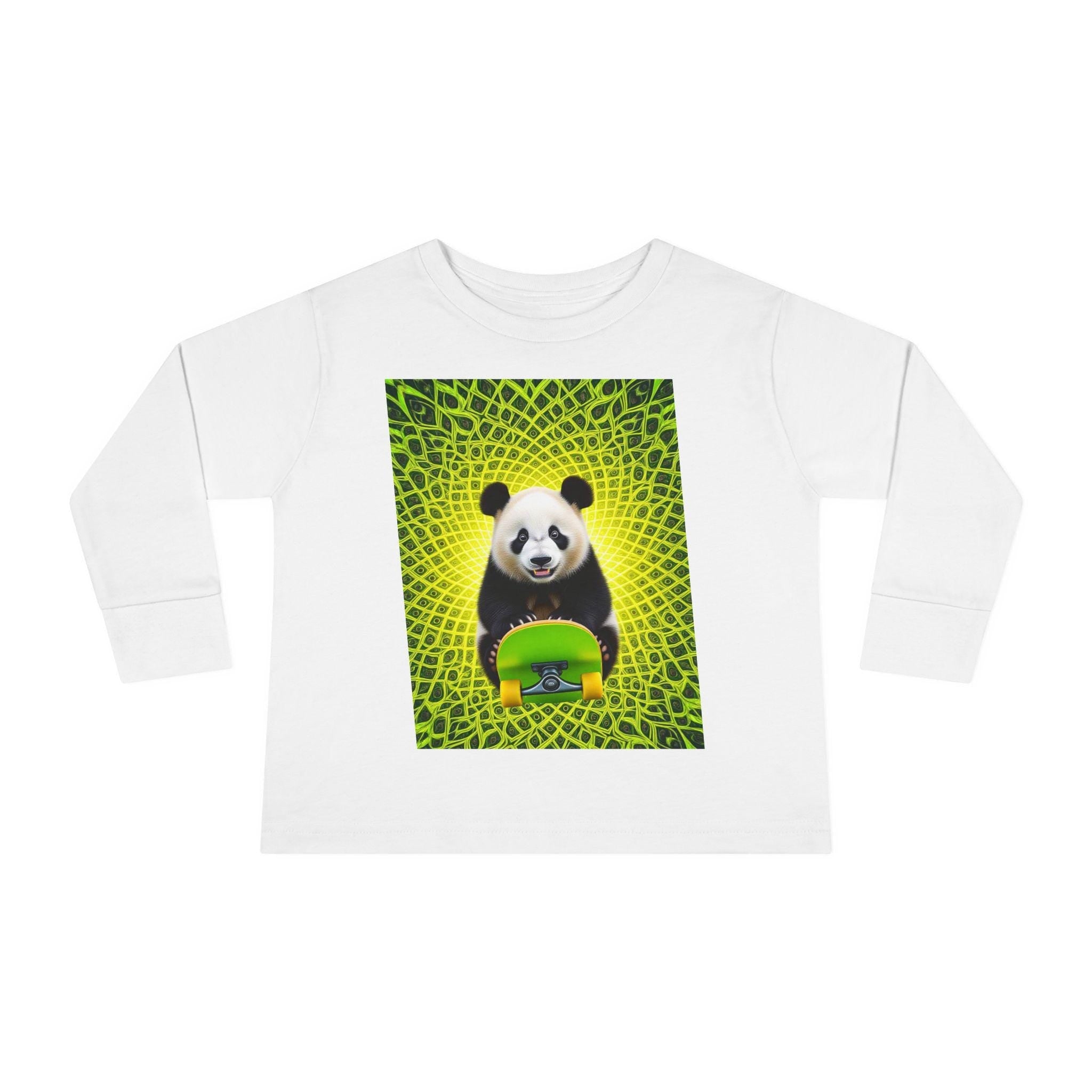 White long sleeve shirt with a panda holding a skateboard, green mandala background