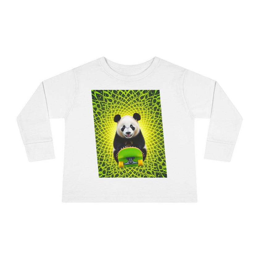 White long sleeve shirt with a panda holding a skateboard, green mandala background