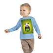 Toddler in blue sweatshirt with panda and skateboard graphic, yellow green abstract background