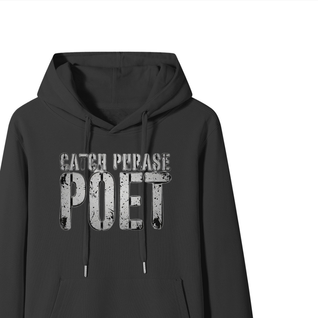 A dark gray pullover hoodie with a distressed white graphic print on the chest that reads 'CATCH PARASE POET', shown against a plain white background.