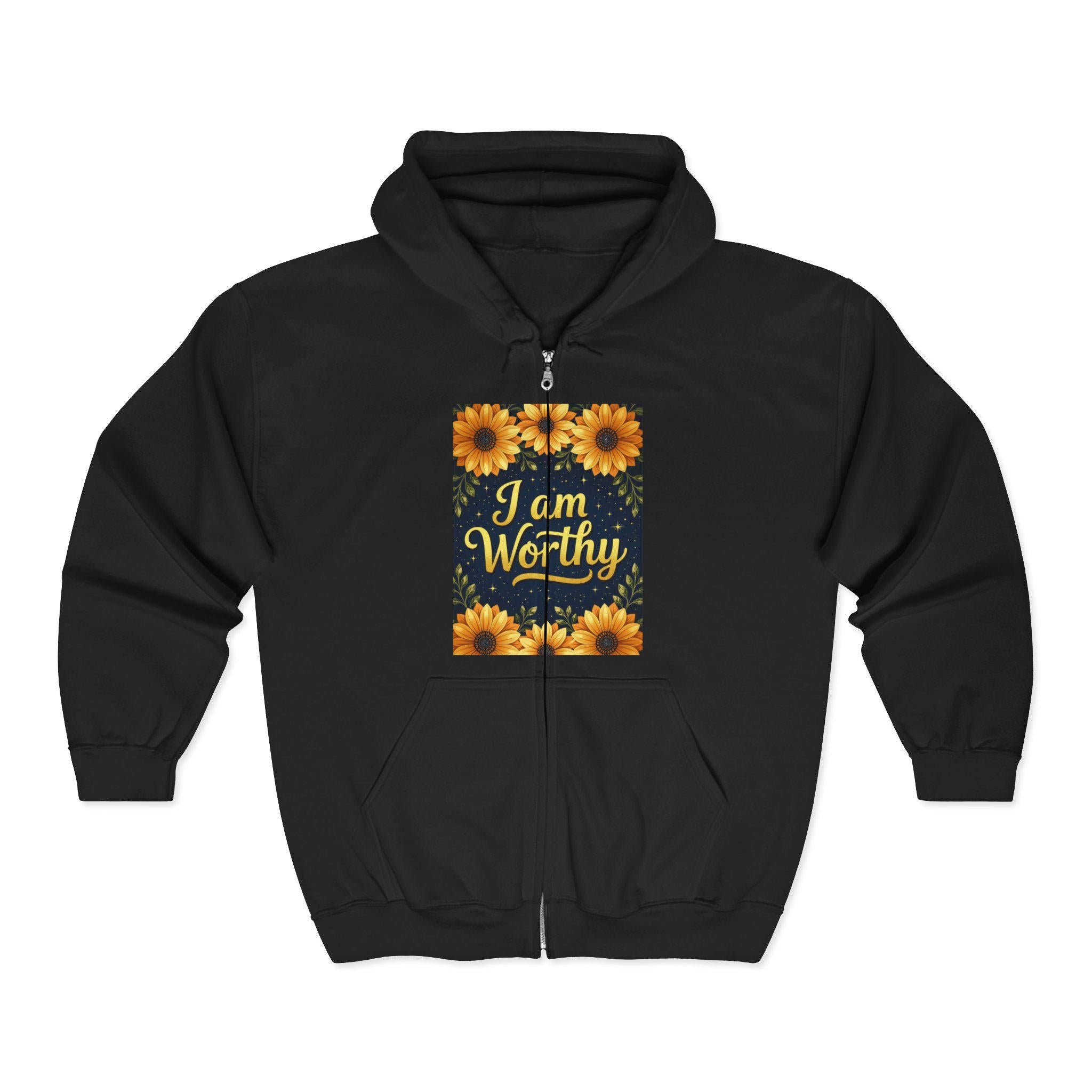 Floral 'I am Worthy' Zip-Up Hoodie
