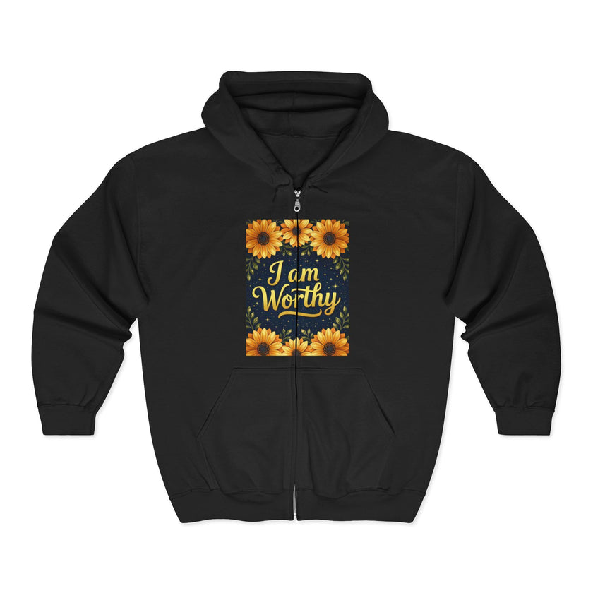 Floral 'I am Worthy' Zip-Up Hoodie