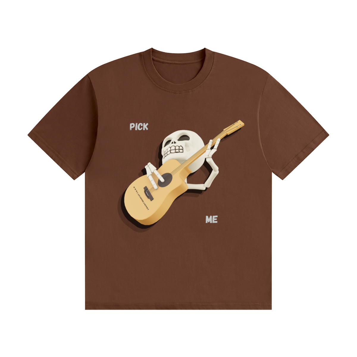 Tattooed musician in a studio wearing the brown Pick Me skeleton guitar tee while restringing an acoustic guitar — Catch Phrase Poet