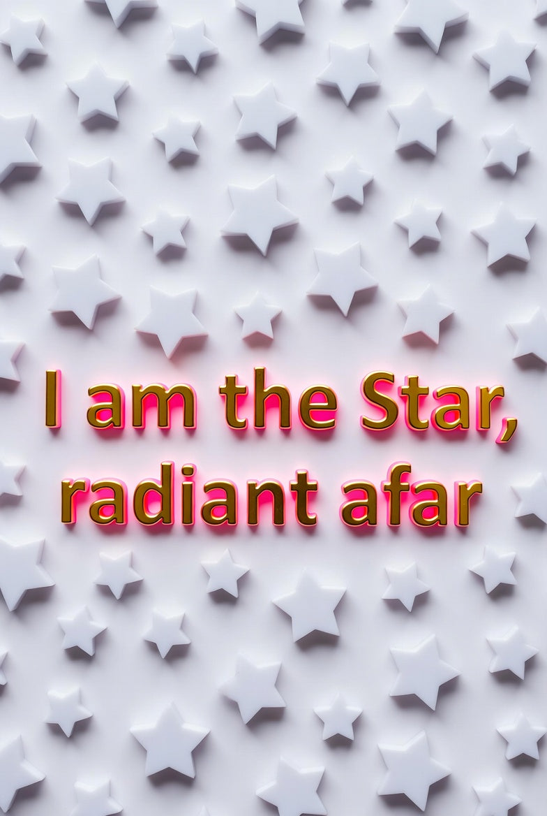 White 3D stars on a light background with the affirmation text 'I am the Star, radiant afar'.