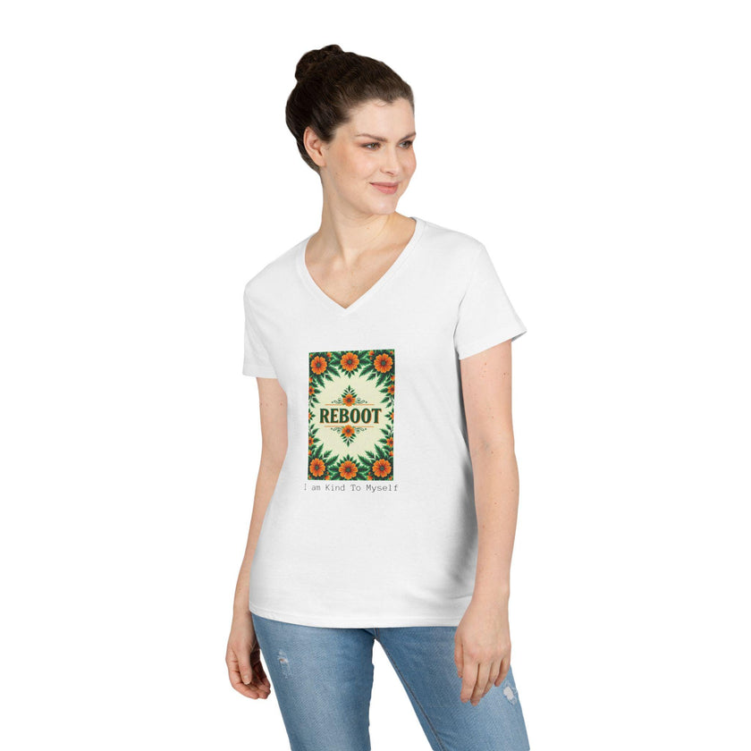Reboot- Recharge Design V-Neck T-Shirt: Women's Soft Cotton Graphic Tee