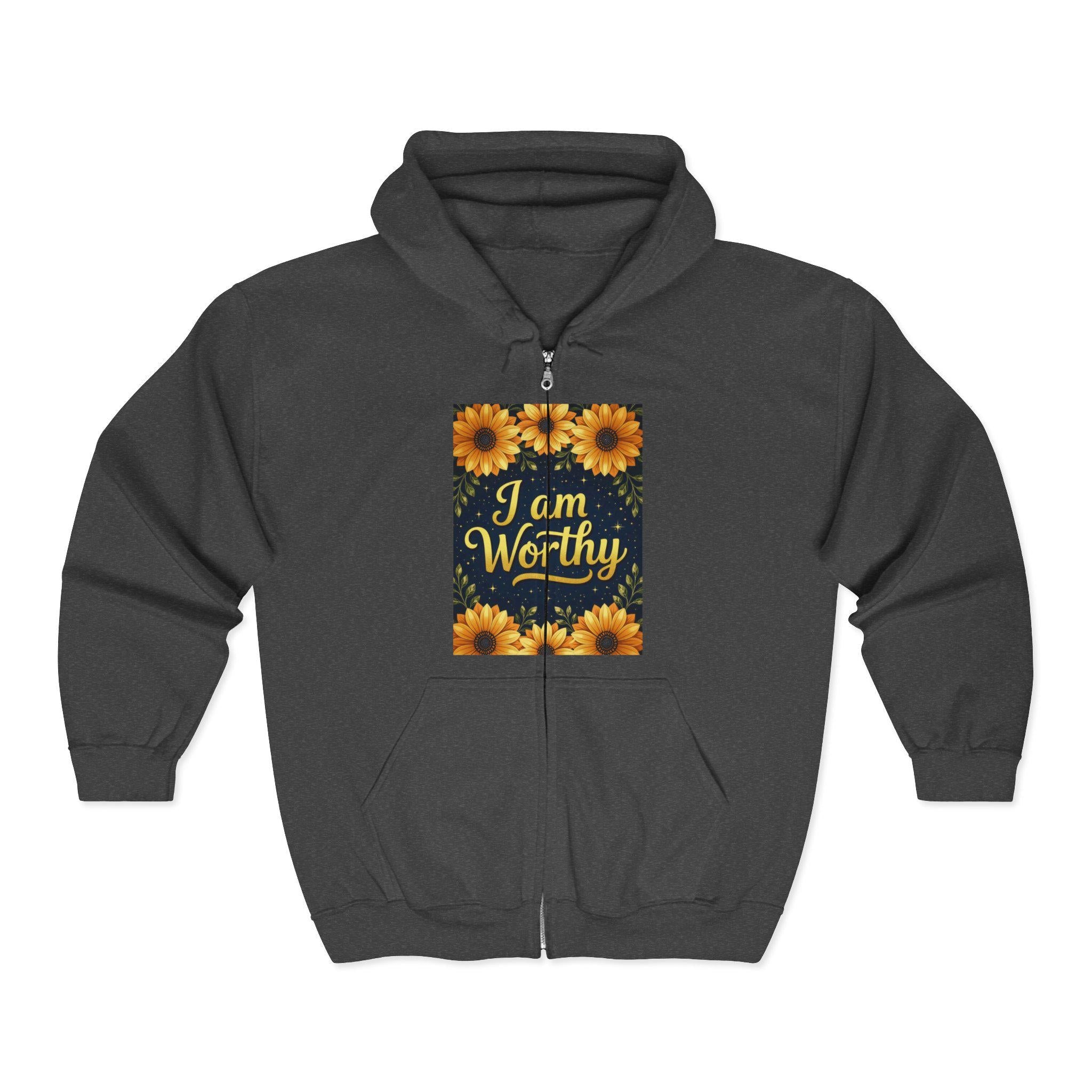 Floral 'I am Worthy' Zip-Up Hoodie