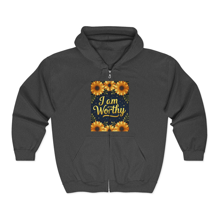 Floral 'I am Worthy' Zip-Up Hoodie