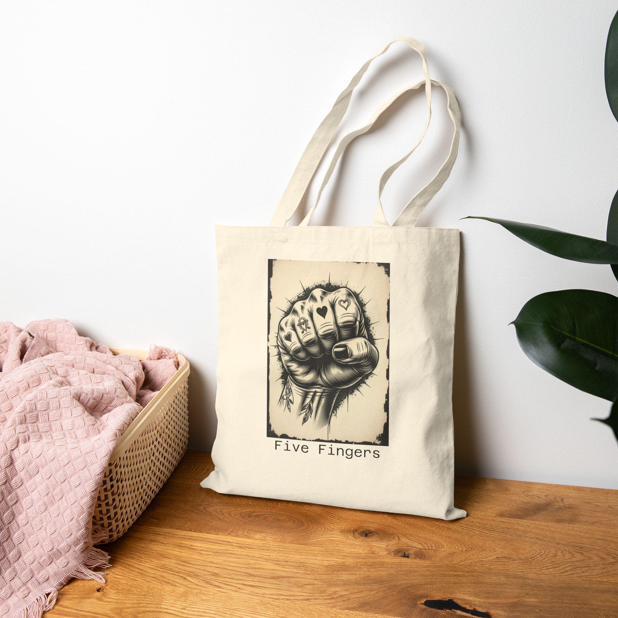 Hand Drawn 'Five Fingers' Cotton Canvas Tote Bag
