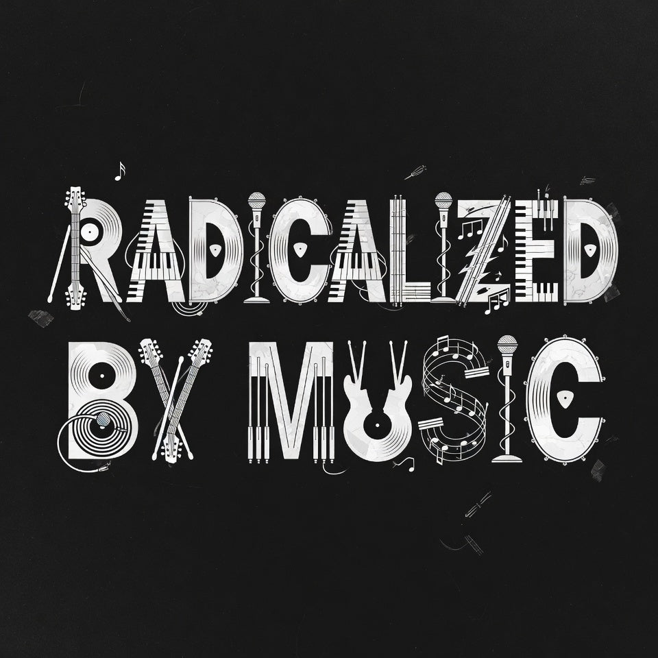 'Radicalized by Music' grunge typography tee, front view — Catch Phrase Poet