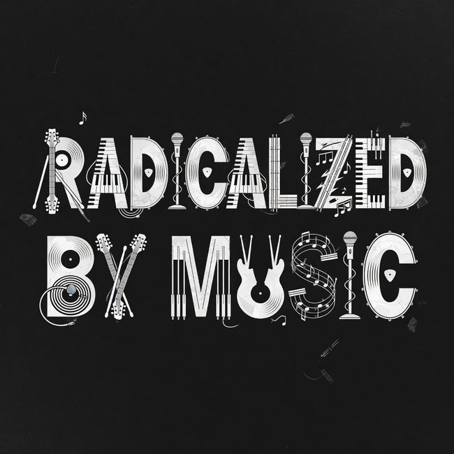 'Radicalized by Music' grunge typography tee, front view — Catch Phrase Poet