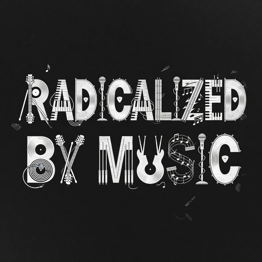 'Radicalized by Music' grunge typography tee, front view — Catch Phrase Poet