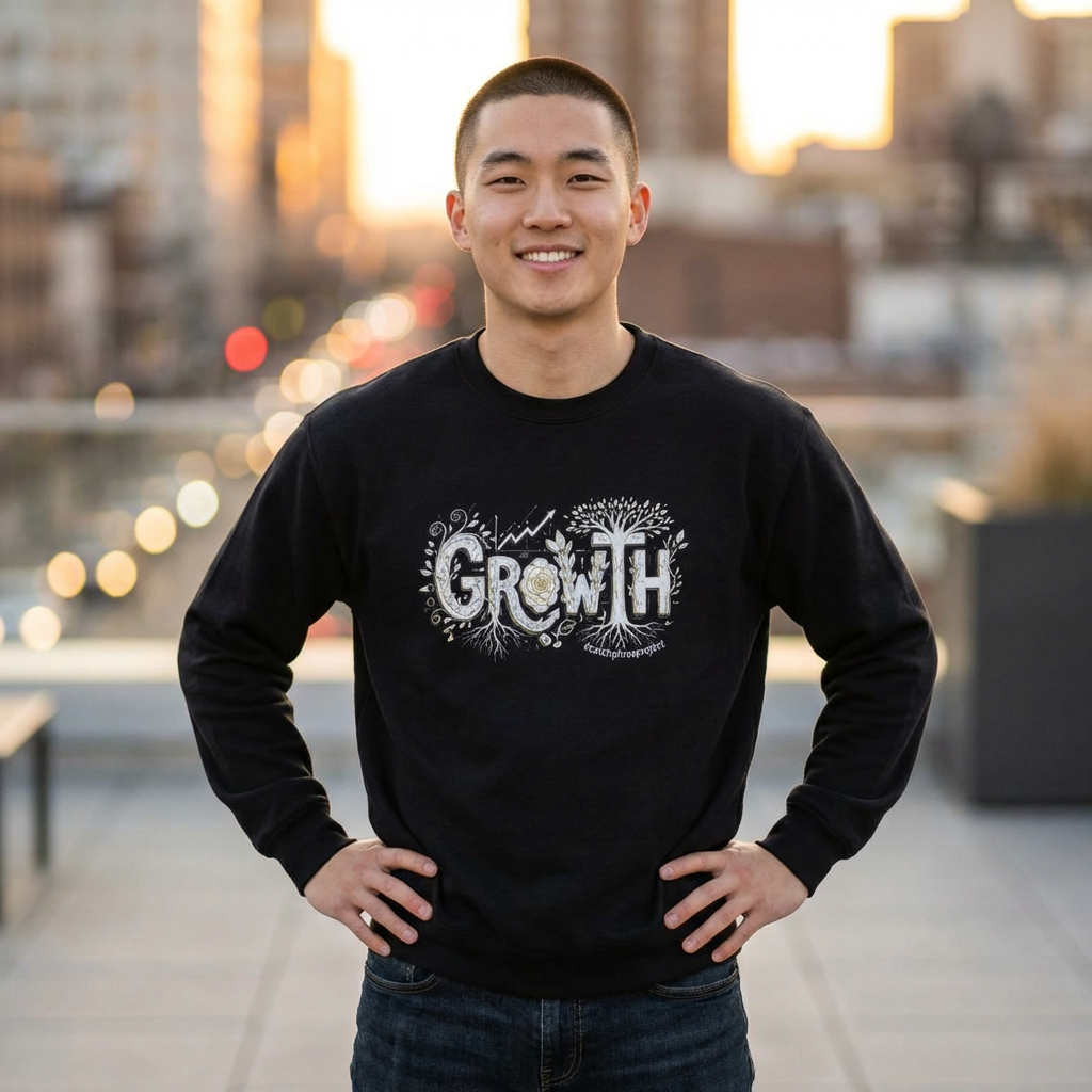 Man wearing a black sweatshirt with 'GROWTH' printed on it, standing on a rooftop with cityscape background.