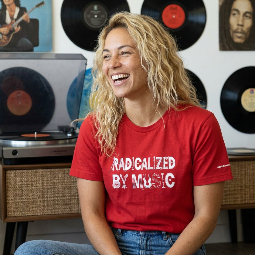 'Radicalized by Music' typography graphic tee detail