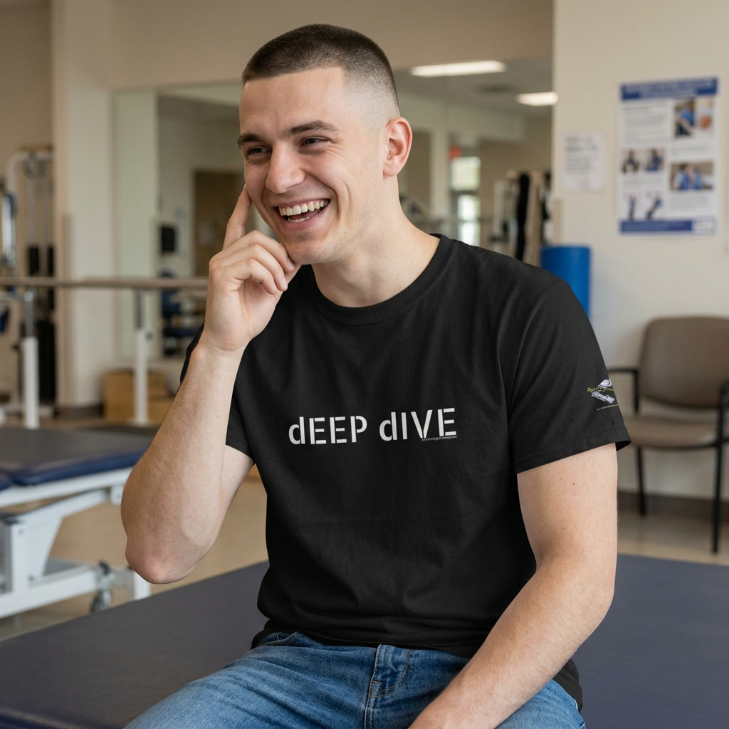 'Deep Dive / JUMP' minimal motivational graphic tee, front view — Catch Phrase Poet
