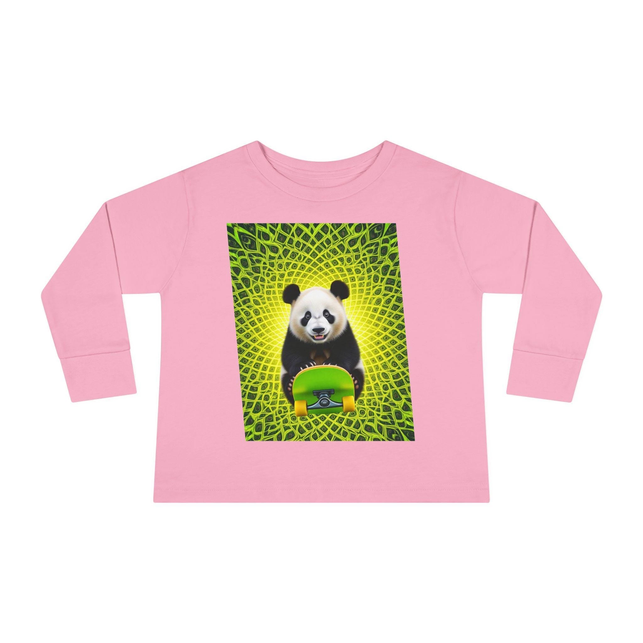 Pink long sleeve shirt with a panda holding a green skateboard and geometric yellow-green background