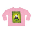 Pink long sleeve shirt with a panda holding a green skateboard and geometric yellow-green background