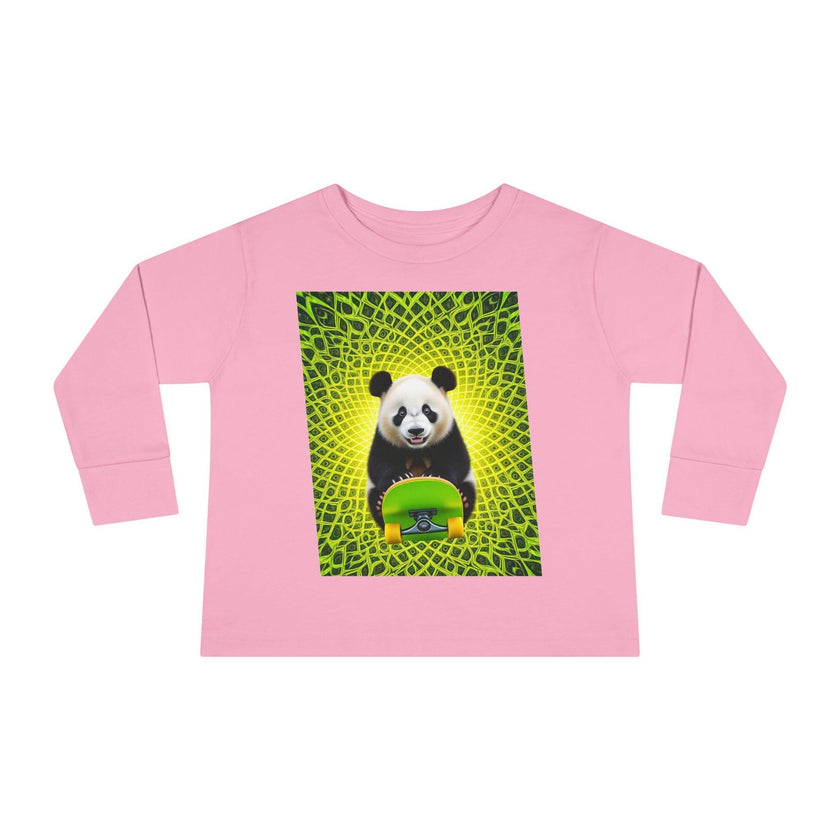 Pink long sleeve shirt with a panda holding a green skateboard and geometric yellow-green background