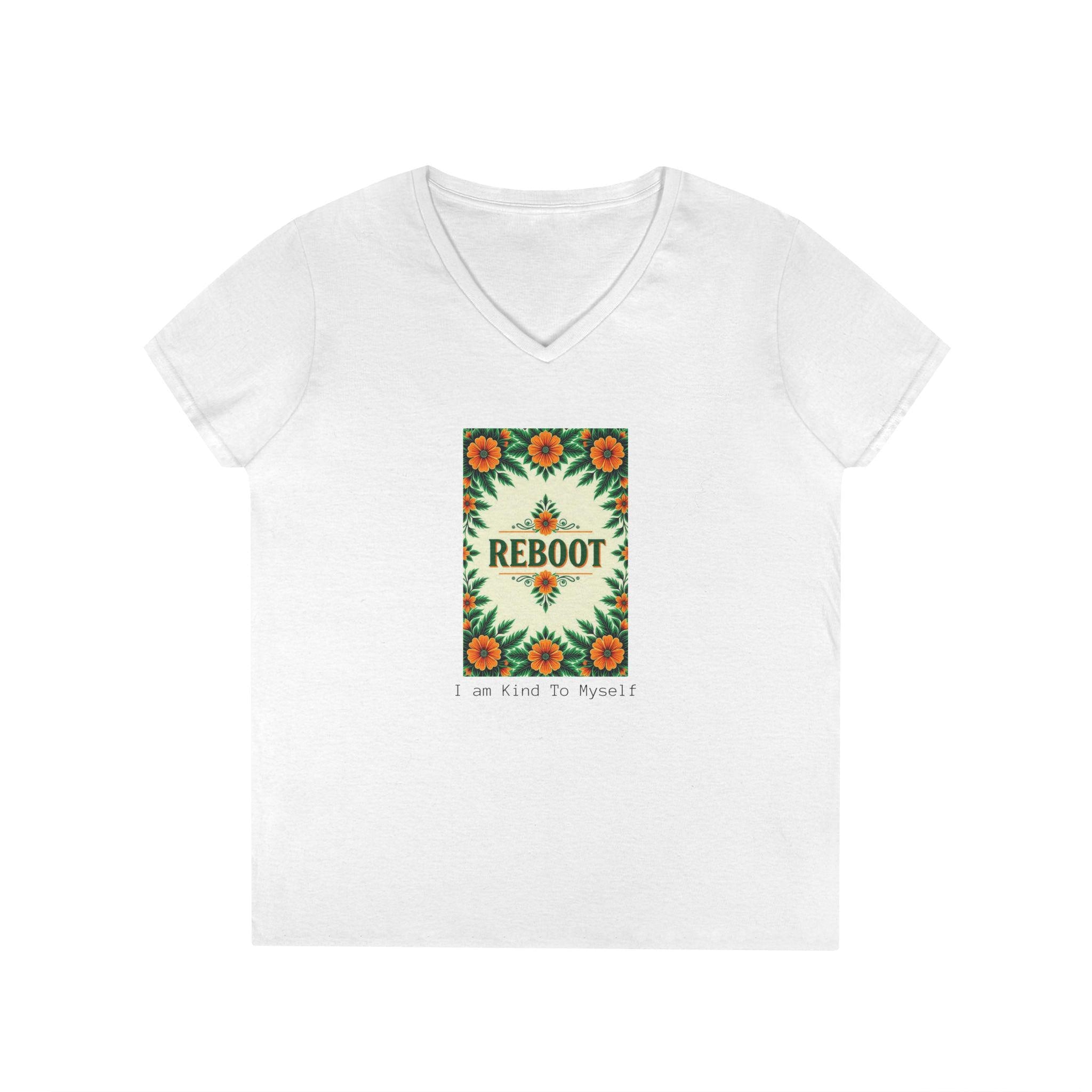 Reboot- Recharge Design V-Neck T-Shirt: Women's Soft Cotton Graphic Tee