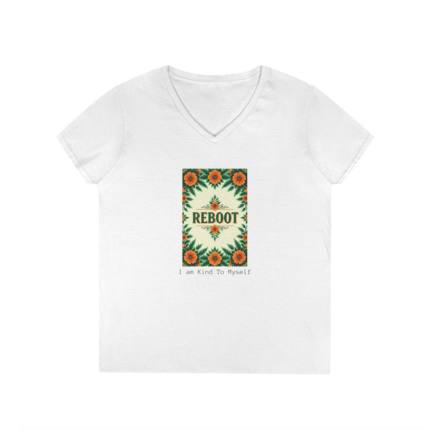 Reboot- Recharge Design V-Neck T-Shirt: Women's Soft Cotton Graphic Tee