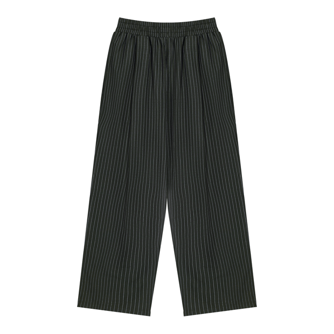 Deep blue pinstripe wide-leg pleated pants with an elastic waist and relaxed drape — Catch Phrase Poet
