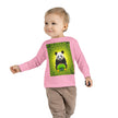Toddler in pink sweatshirt with panda and skateboard graphic, green geometric background