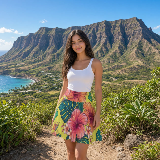 Woman near Diamond Head in Hawaii wearing the tropical hibiscus yellow floral skater skirt — Catch Phrase Poet