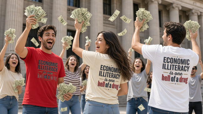 Economic Illiteracy Is One Hell of a Drug funny typography statement tee — Catch Phrase Poet