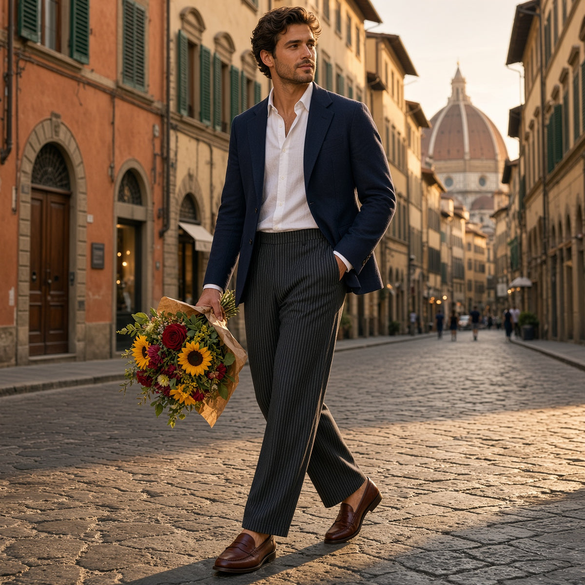 Man walking through Florence carrying flowers, wearing deep blue pinstripe pleated pants — Catch Phrase Poet