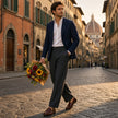 Man walking through Florence carrying flowers, wearing deep blue pinstripe pleated pants — Catch Phrase Poet