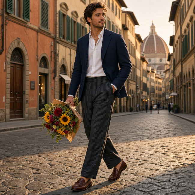 Man walking through Florence carrying flowers, wearing deep blue pinstripe pleated pants — Catch Phrase Poet
