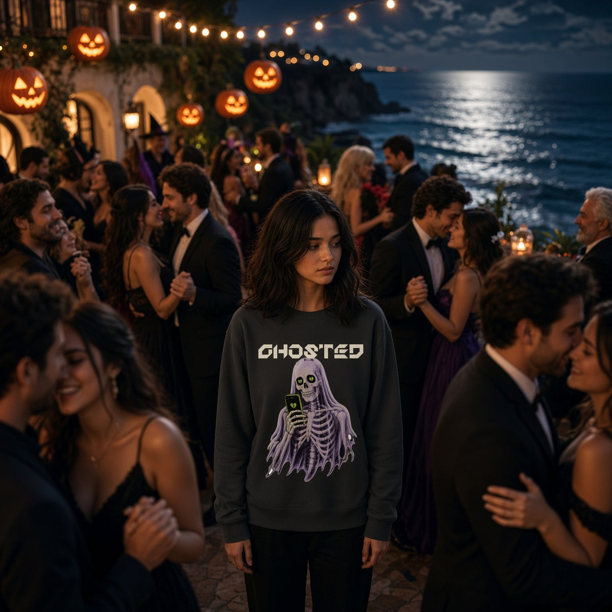 Woman standing alone among couples at a Malibu beach mansion party wearing the Ghosted spooky statement sweatshirt — Catch Phrase Poet