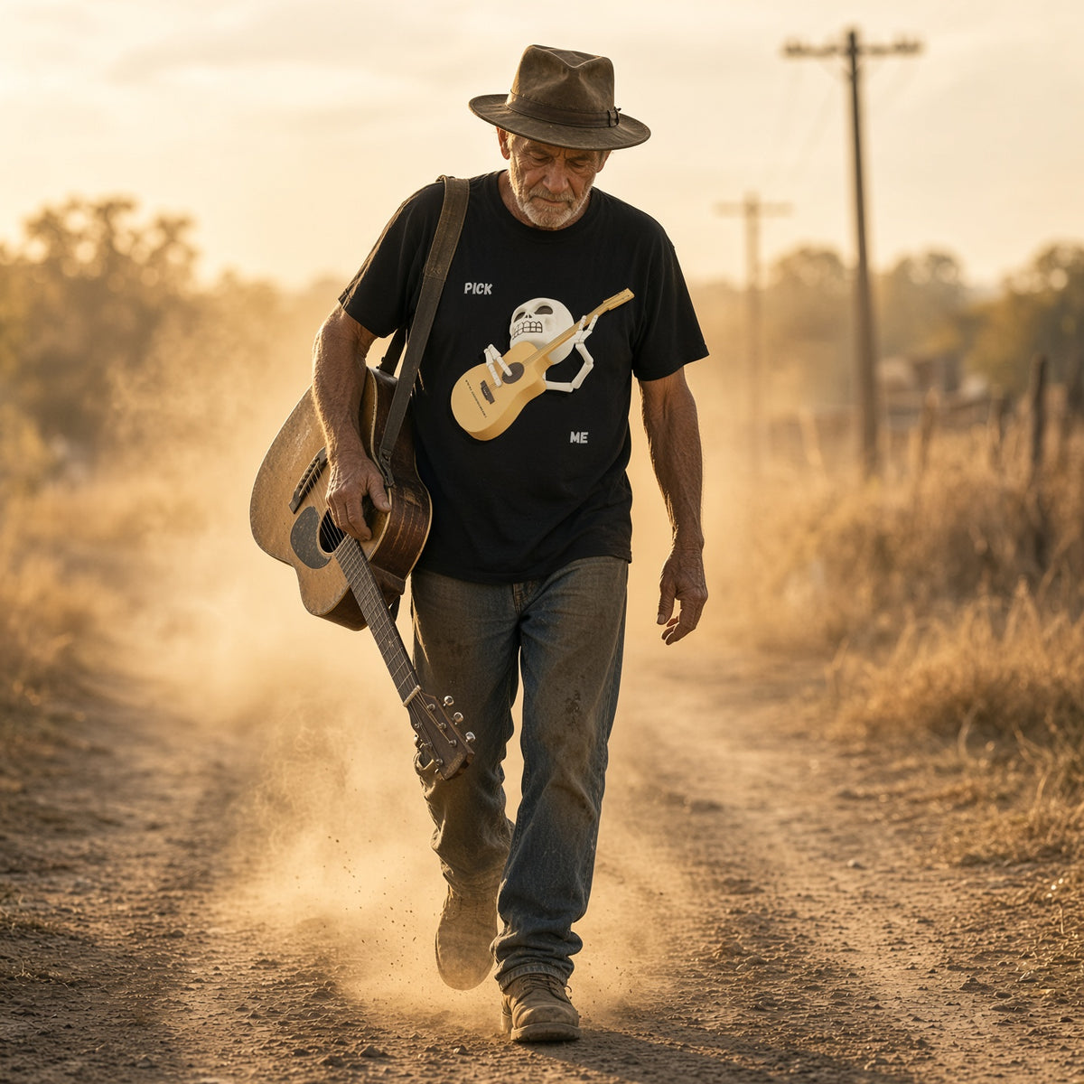 Pick Me Skeleton Guitar Tee — Ghoulish Musician Graphic