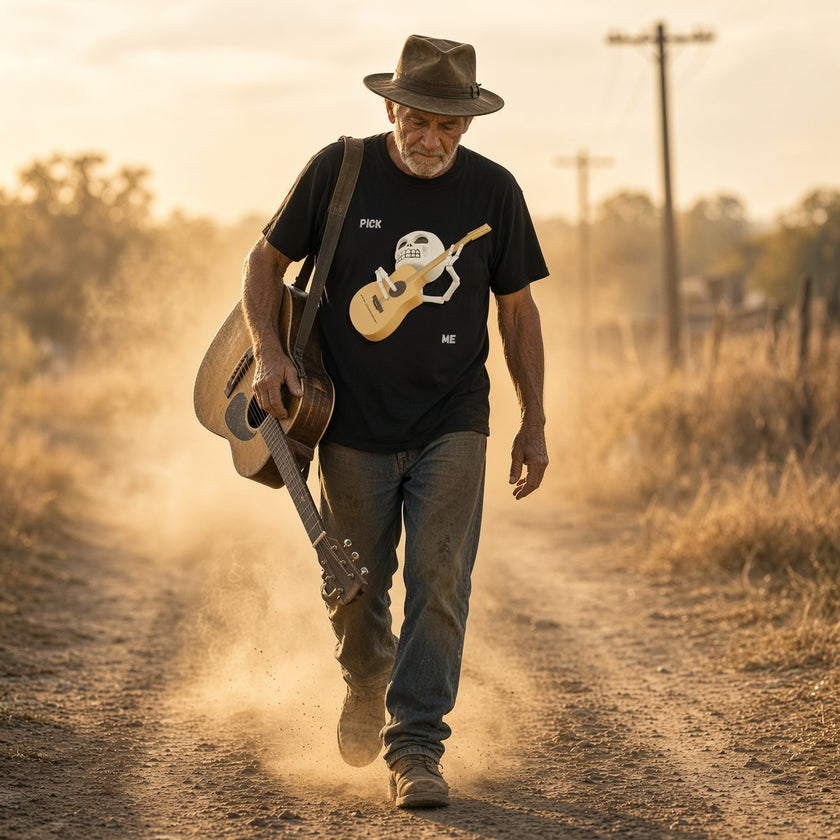 Pick Me Skeleton Guitar Tee — Ghoulish Musician Graphic