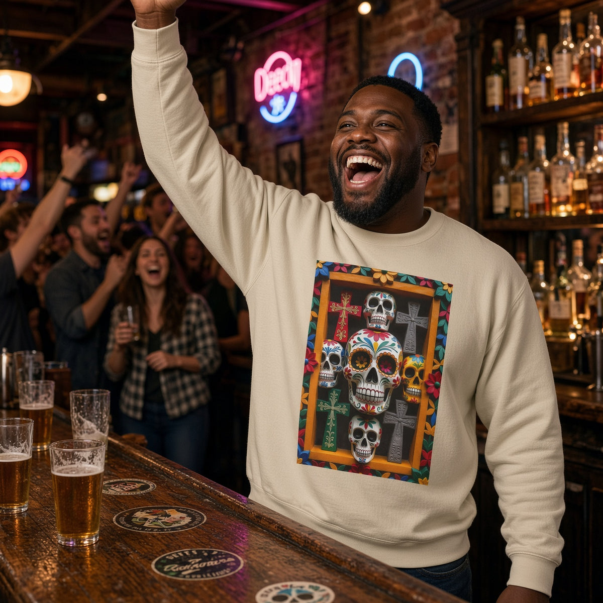 Woman in a black skirt at a haunted house event wearing the colorful Day of the Dead sugar skull crewneck sweatshirt — Catch Phrase Poet
