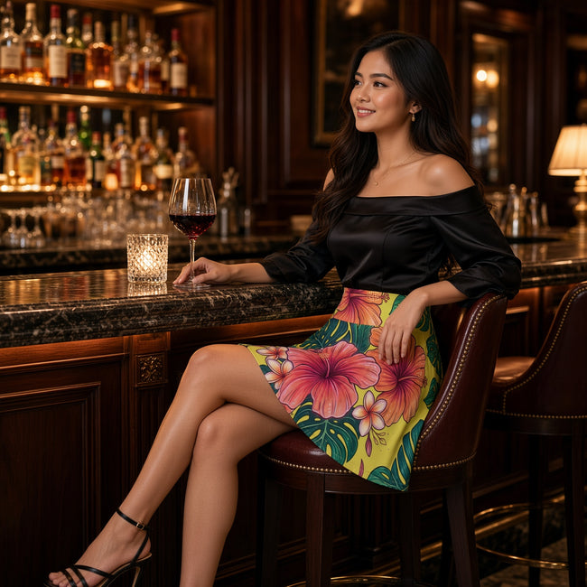 Woman at a bar in the Philippines wearing the tropical hibiscus floral yellow skater skirt — Catch Phrase Poet