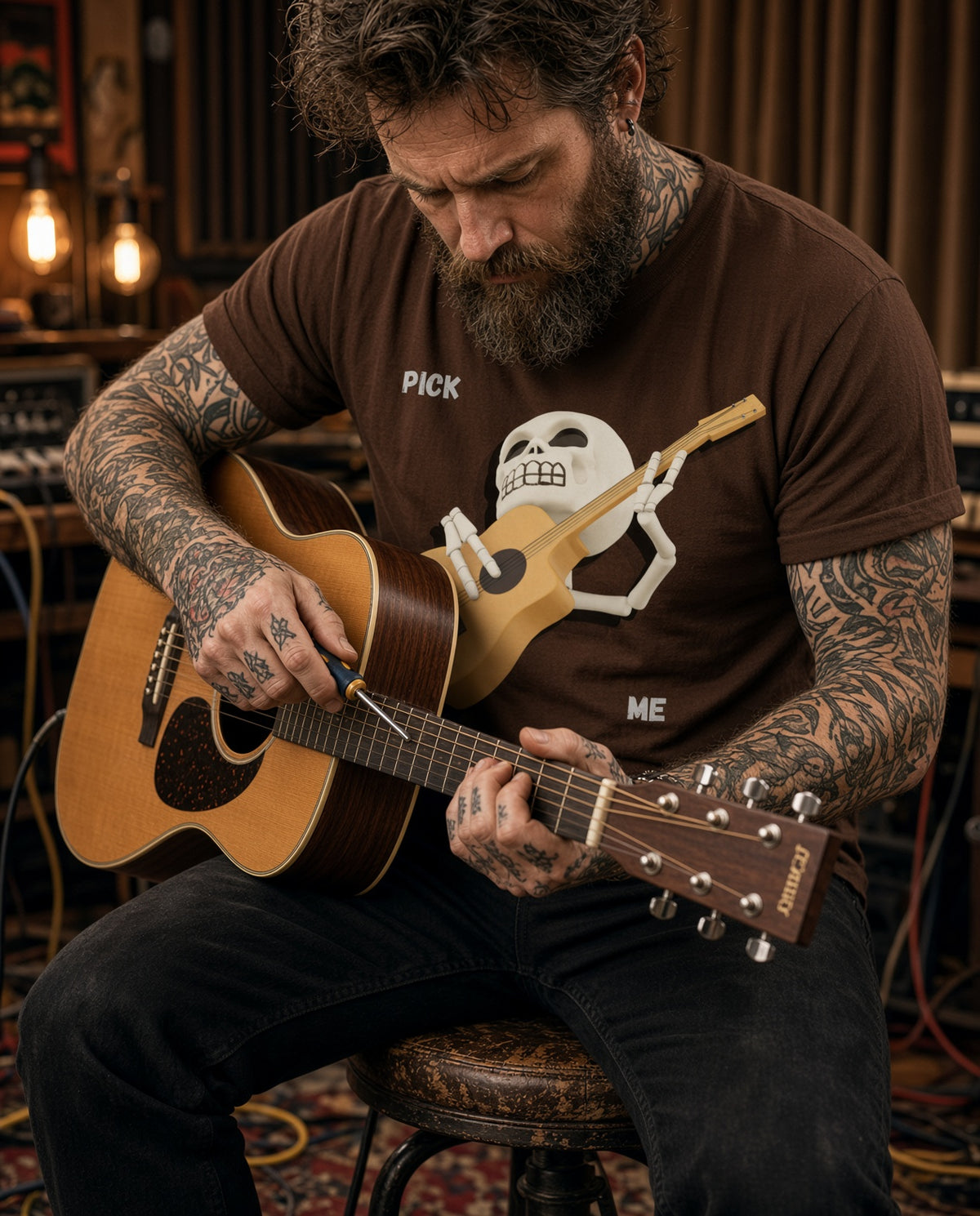 Pick Me Skeleton Guitar Tee — Ghoulish Musician Graphic